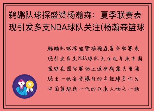 鹈鹕队球探盛赞杨瀚森：夏季联赛表现引发多支NBA球队关注(杨瀚森篮球)